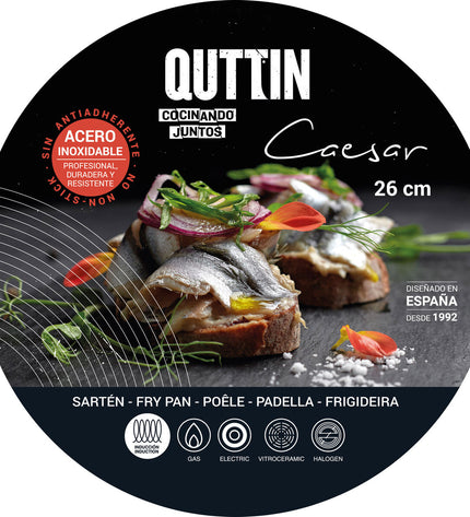 Set of four Quttin Caesar stainless steel pans, 26 cm diameter, suitable for cooking and household kitchen use