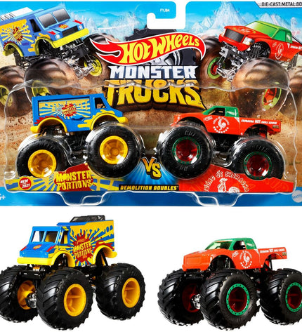 Two Hot Wheels Monster Trucks Demolition Doubles toy vehicles, colorful toy trucks for children, in a playful setting.