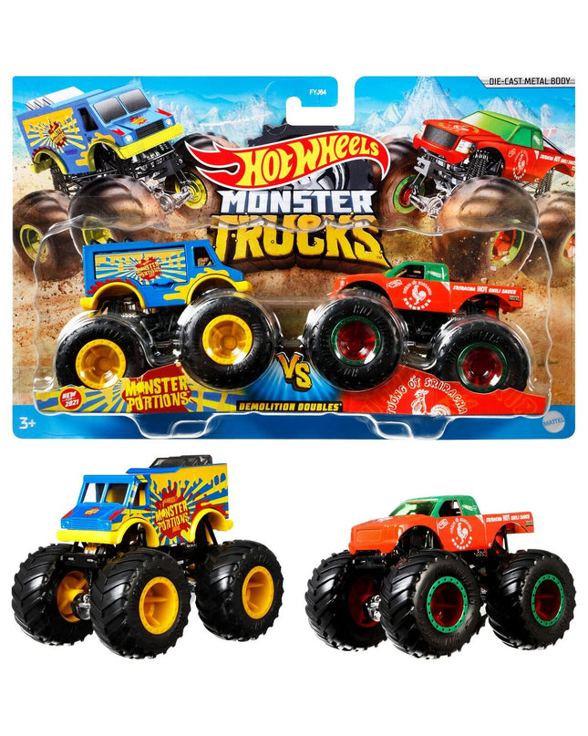 Two Hot Wheels Monster Trucks Demolition Doubles toy vehicles, colorful toy trucks for children, in a playful setting.