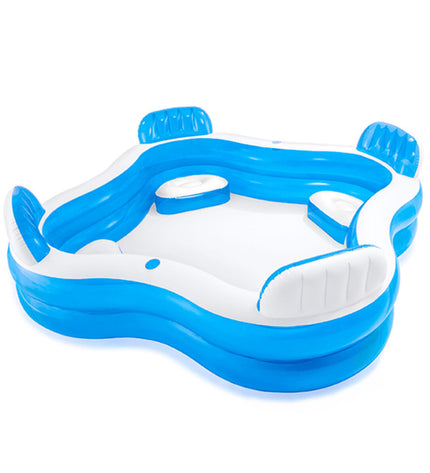 Intex inflatable children's pool with 229x229x66 cm size, blue and white, suitable for outdoor play and summer fun.