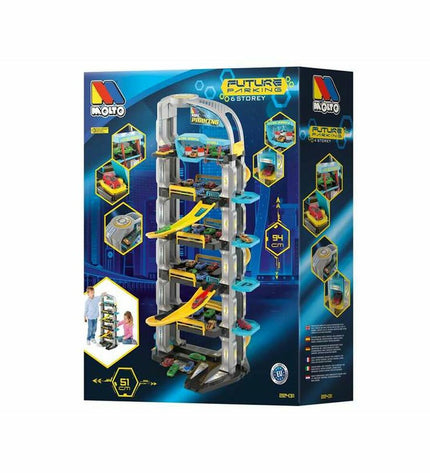 Moltó Future parking garage with 6 levels, toy playset for dolls and action figures, detailed miniature play structure.