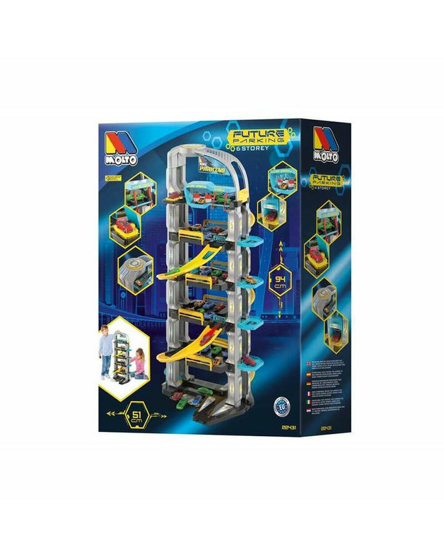 Moltó Future parking garage with 6 levels, toy playset for dolls and action figures, detailed miniature play structure.