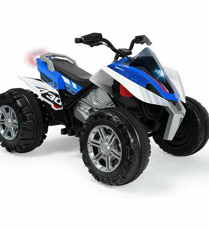 Blue and white Injusa Rage 12V electric quad toy with lights, designed for outdoor play and sports activities.