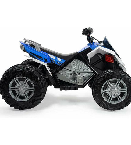 Blue and white Injusa Rage 12V electric quad toy with lights, suitable for outdoor play and sports activities.