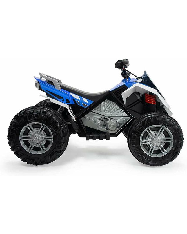 Blue and white Injusa Rage 12V electric quad toy with lights, suitable for outdoor play and sports activities.