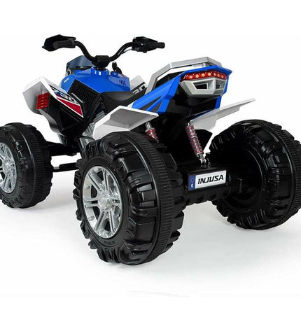 Blue and white Injusa Rage electric quad toy with lights, 12V, designed for outdoor play and fun.