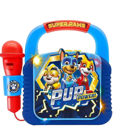 Paw Patrol speaker with karaoke microphone, electronic toy for kids, featuring colorful Paw Patrol design with sound and light features.