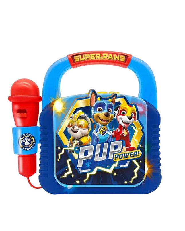 Paw Patrol speaker with karaoke microphone, electronic toy for kids, featuring colorful Paw Patrol design with sound and light features.