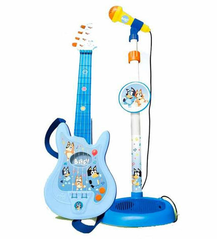 Bluey baby guitar toy with adjustable microphone, measuring 60x30x17 mm, designed for young children and early play.