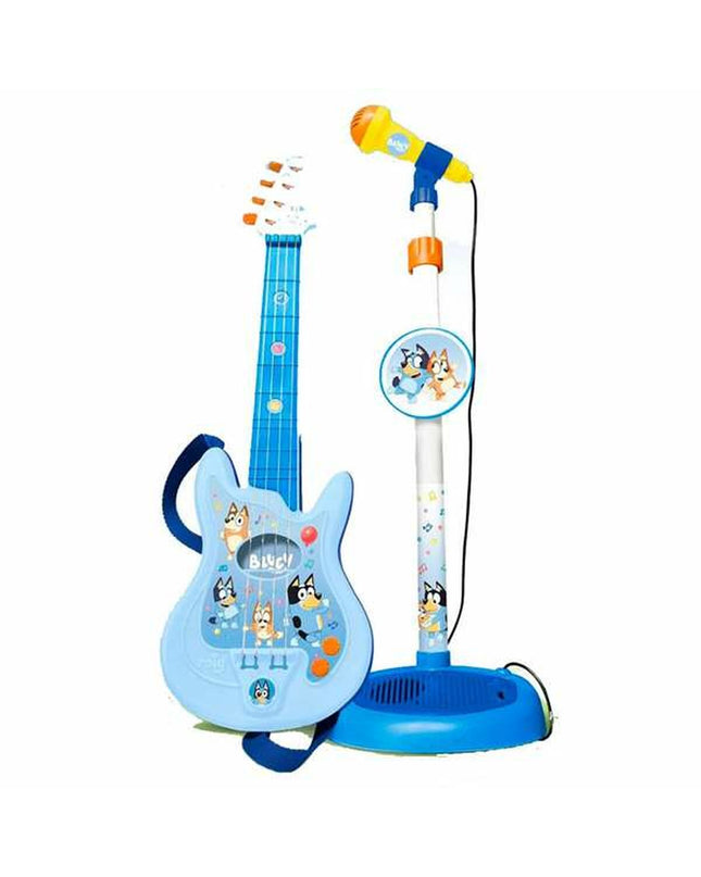 Bluey baby guitar toy with adjustable microphone, measuring 60x30x17 mm, designed for young children and early play.
