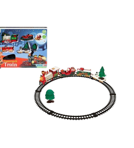 Speed & Go electric train set with 20 pieces, including train, tracks, and accessories, on a plain background.