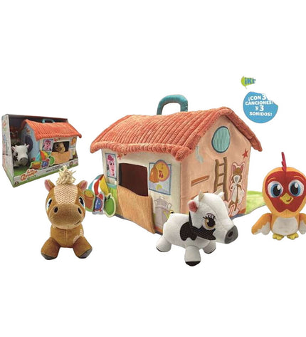 Bandai La Granja de Zenón playset toy with farm-themed figures, measuring 22.5 x 25 x 21 cm, featuring colorful animal characters.