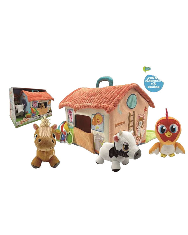 Bandai La Granja de Zenón playset toy with farm-themed figures, measuring 22.5 x 25 x 21 cm, featuring colorful animal characters.