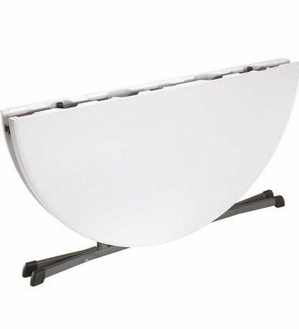 Lifetime round folding table with 152 cm diameter, suitable for outdoor camping and sports, shown in a natural outdoor setting.