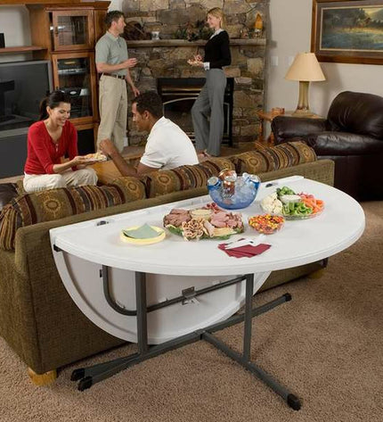 Lifetime round folding table with a 152 cm diameter, suitable for outdoor camping and sports activities.