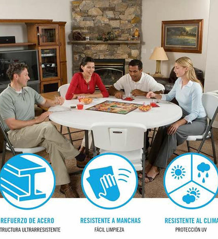 Lifetime round folding table with 152 cm diameter, suitable for outdoor camping and sports activities.