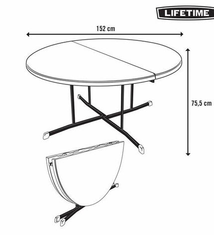Lifetime round folding table, 152 cm diameter, suitable for outdoor camping and sports activities, shown set up outdoors.