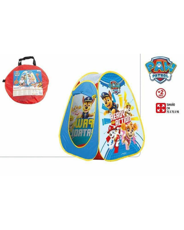 Colorful Paw Patrol kids' camping tent measuring 75x75x90 cm, ideal for outdoor play and imaginative adventures.