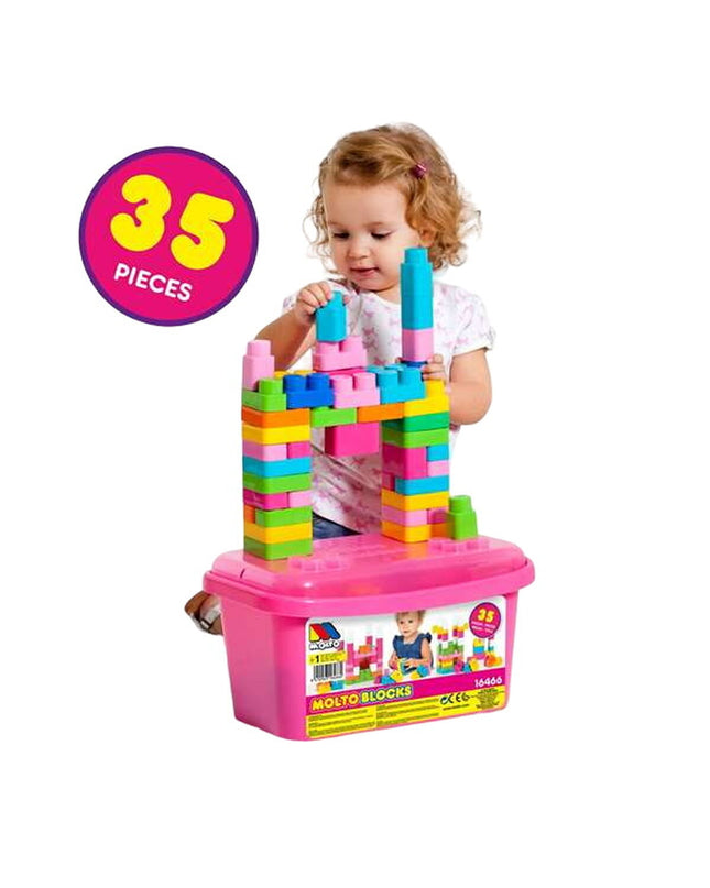 Colorful Moltó Bouwspel 35 onderdelen toy set with various building pieces on a white background.