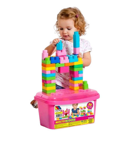 Moltó Bouwspel with 35 building components, colorful plastic construction set for kids, assembled with various interlocking pieces.