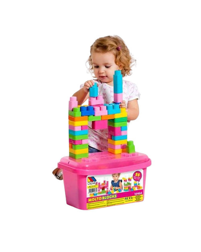 Moltó Bouwspel with 35 building components, colorful plastic construction set for kids, assembled with various interlocking pieces.