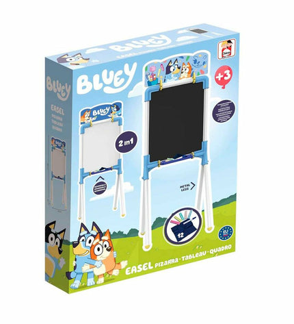 Chicos Bluey double-sided chalkboard, 37x32x98 cm, for creative activities and games, featuring Bluey artwork and writing surface.