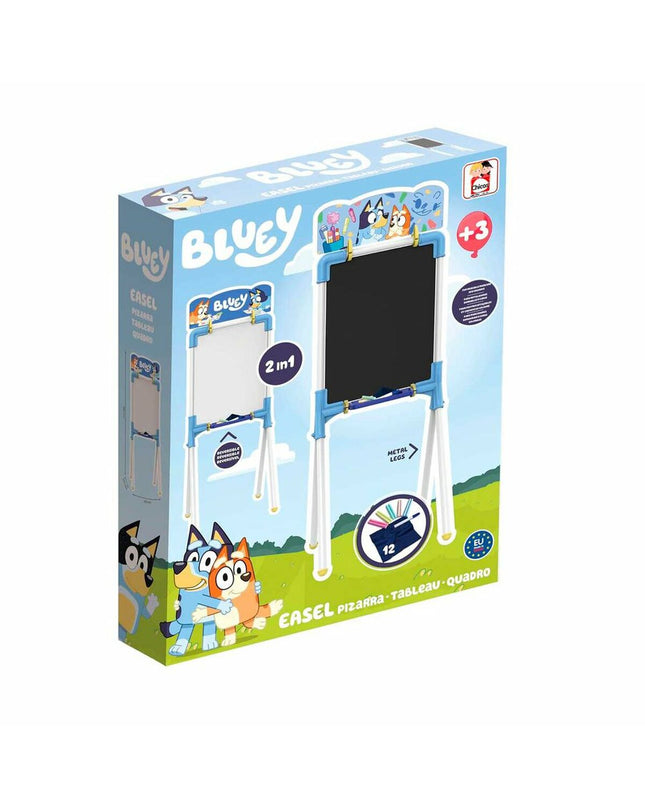Chicos Bluey double-sided chalkboard, 37x32x98 cm, for creative activities and games, featuring Bluey artwork and writing surface.