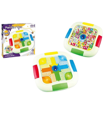 BigBuy Fun Parchis en Oca game board, 30 cm, colorful wooden game for kids and family fun, includes game pieces and dice.