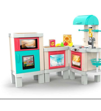 Chicos XL toy kitchen with oven, sink, and stove, made of colorful plastic, designed for imaginative play in children's game room.