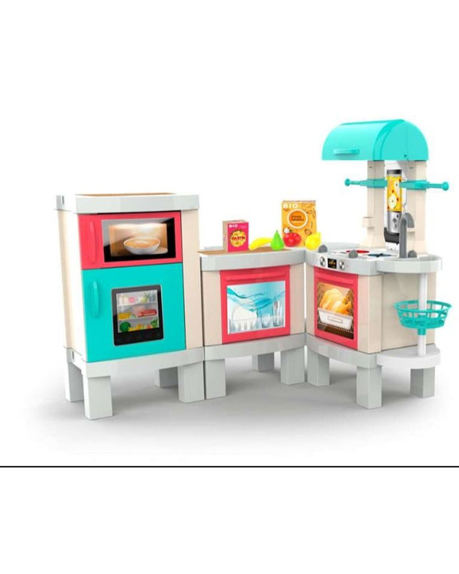 Chicos XL toy kitchen with oven, sink, and stove, made of colorful plastic, designed for imaginative play in children's game room.