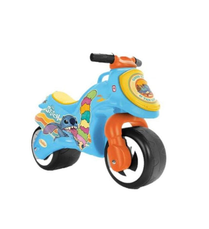 Stitch Loopmotor toy, colorful ride-on vehicle with sporty design, suitable for outdoor play, featuring bright blue and yellow accents.