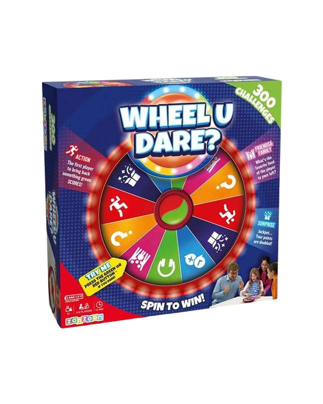 Famosa educatief spel Wheel u dare? toy game for children, colorful game pieces and playful design on a white background.