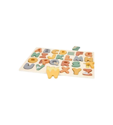 Wooden children’s puzzle by Woomax featuring colorful animal pieces on a natural wood background, designed for kids' play and learning.