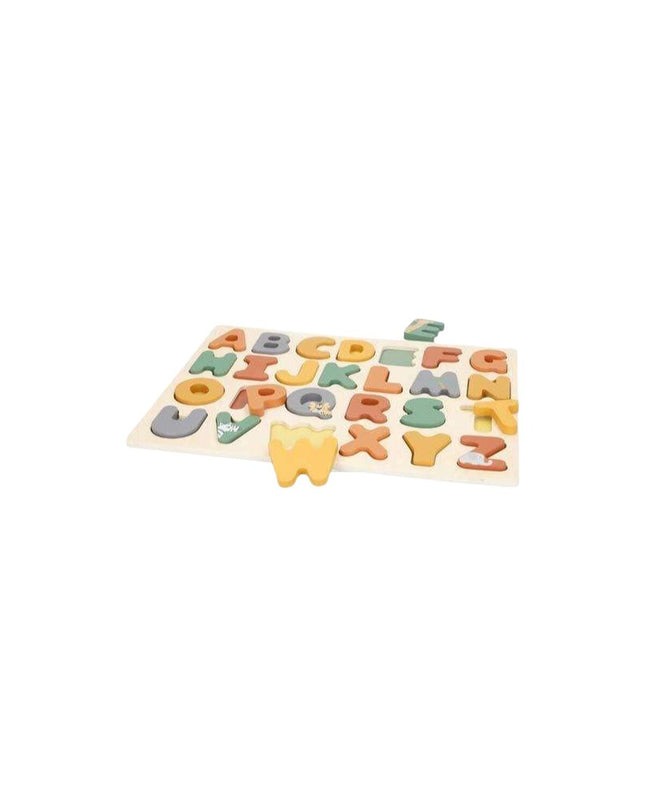 Wooden children’s puzzle by Woomax featuring colorful animal pieces on a natural wood background, designed for kids' play and learning.