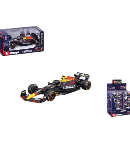 Red Bull Racing F1 race car toy by Bburago, detailed plastic vehicle with racing decals and aerodynamic design.