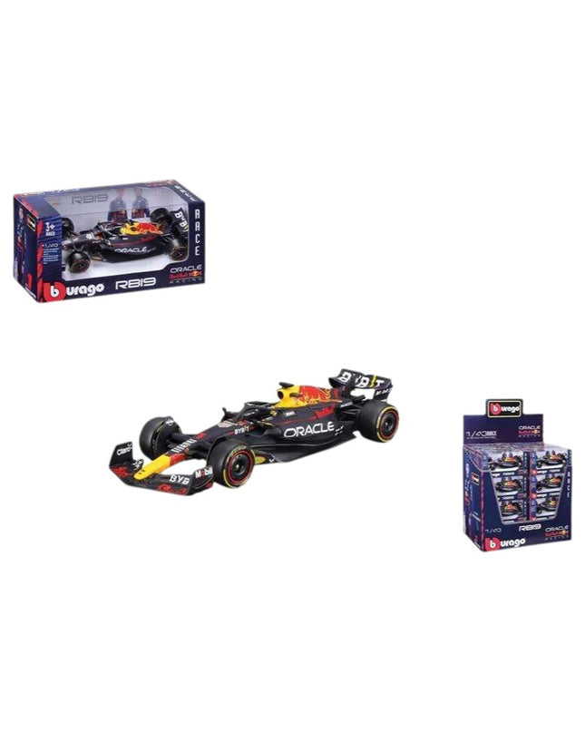 Red Bull Racing F1 race car toy by Bburago, detailed plastic vehicle with racing decals and aerodynamic design.