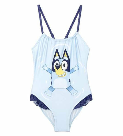 Bluey girls' light blue swimsuit for sport and watersports, featuring a comfortable fit and vibrant blue color.