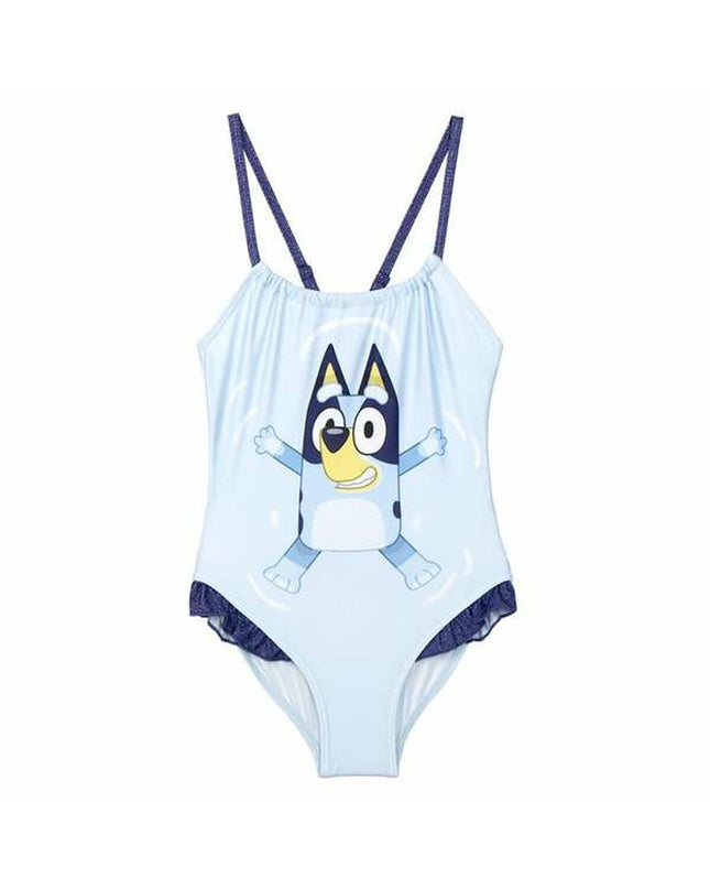 Bluey girls' light blue swimsuit for sport and watersports, featuring a comfortable fit and vibrant blue color.