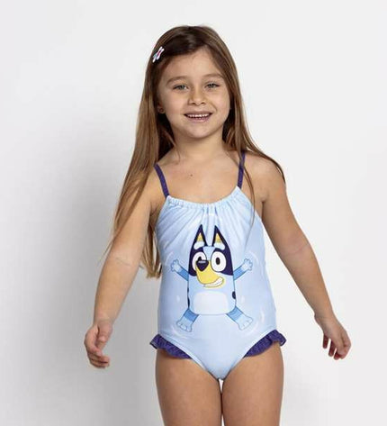 Bluey girls' light blue swimsuit for sports and watersports, featuring a comfortable fit and vibrant blue color.