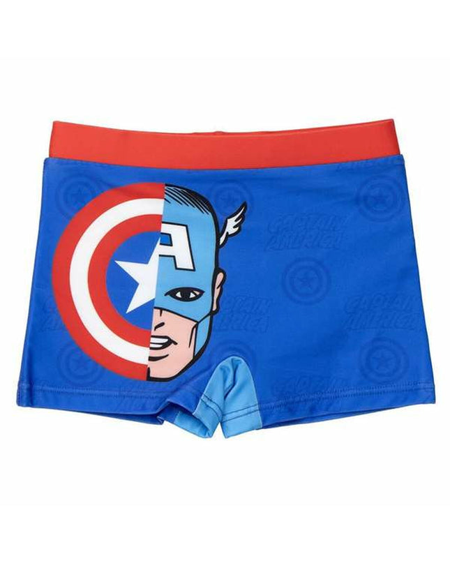 Dark blue boys' swim trunks featuring The Avengers logo, designed for outdoor watersport activities, suitable for 4-year-olds.