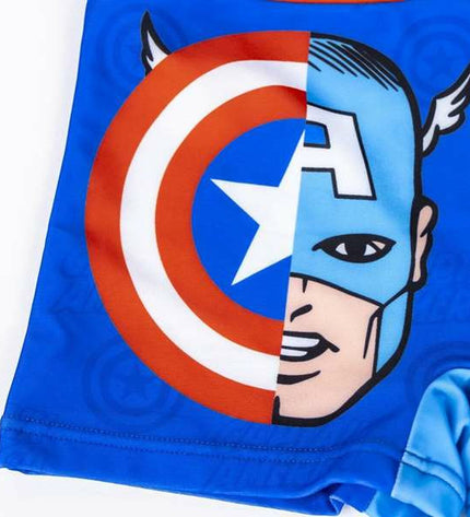 Dark blue boys' swim trunks featuring The Avengers logo, suitable for ages 4, designed for sports and watersports activities.