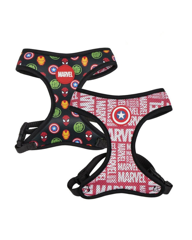 Marvel red reversible dog harness in size S/M with adjustable straps, featuring a Marvel superhero design and padded comfort.