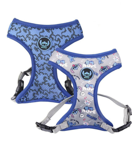 Dark blue Stitch dog harness in XS/S size, made for small dogs, with adjustable straps and soft padding.