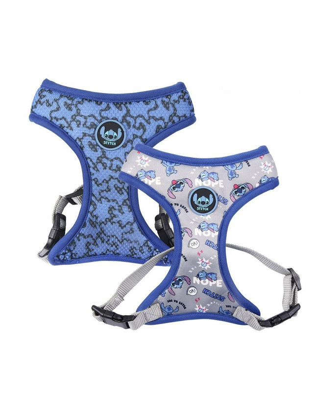 Dark blue Stitch dog harness in XS/S size, made for small dogs, with adjustable straps and soft padding.