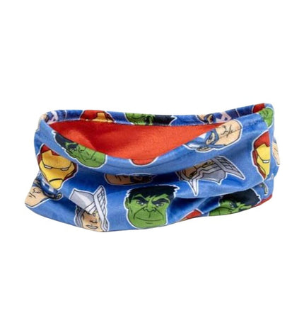 The Avengers Nekwarmer in vibrant colors, designed for outdoor sports, camping, and hiking, worn around the neck for warmth.