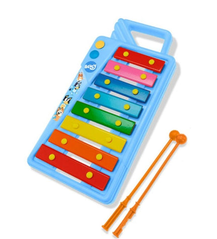 Blue Reig Xylofoon toy for children, plastic musical instrument with colorful bars, designed for kids' play and learning.