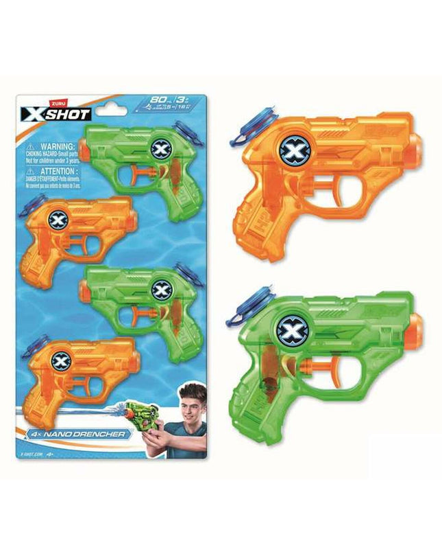 Zuru X-Shot Nano Drencher water pistol held outdoors, toy water gun for kids, colorful and compact for outdoor water play