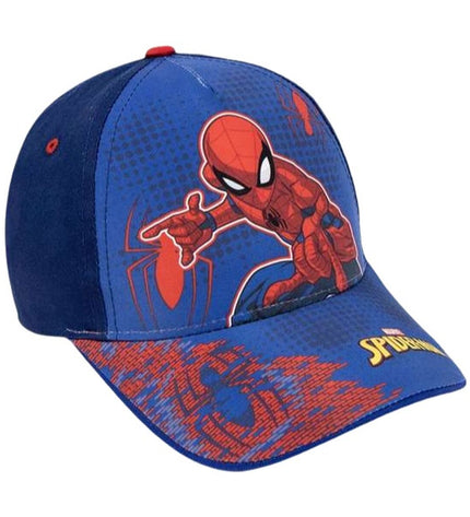 Child wearing blue Spider-Man outdoor sports shoes with adjustable straps, suitable for camping and hiking activities.