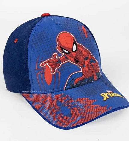 Kinderpet Spider-Man blauw pet for outdoor activities, featuring Spider-Man logo and adjustable strap, perfect for outdoor adventures.