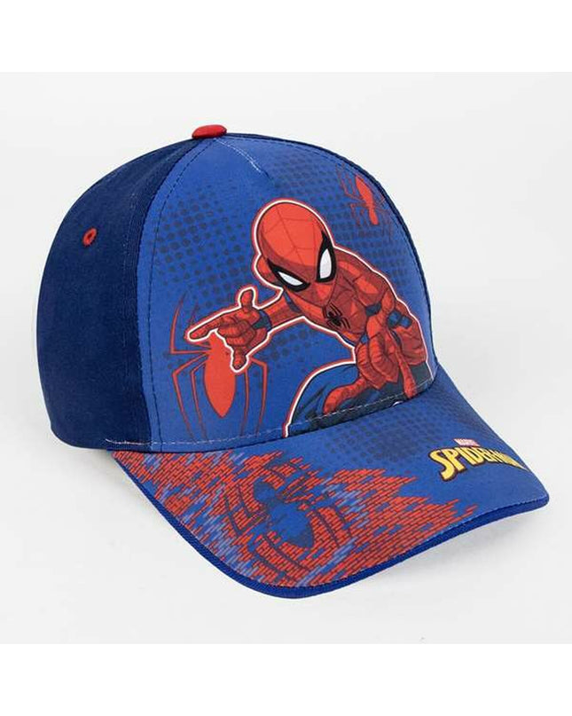 Kinderpet Spider-Man blauw pet for outdoor activities, featuring Spider-Man logo and adjustable strap, perfect for outdoor adventures.